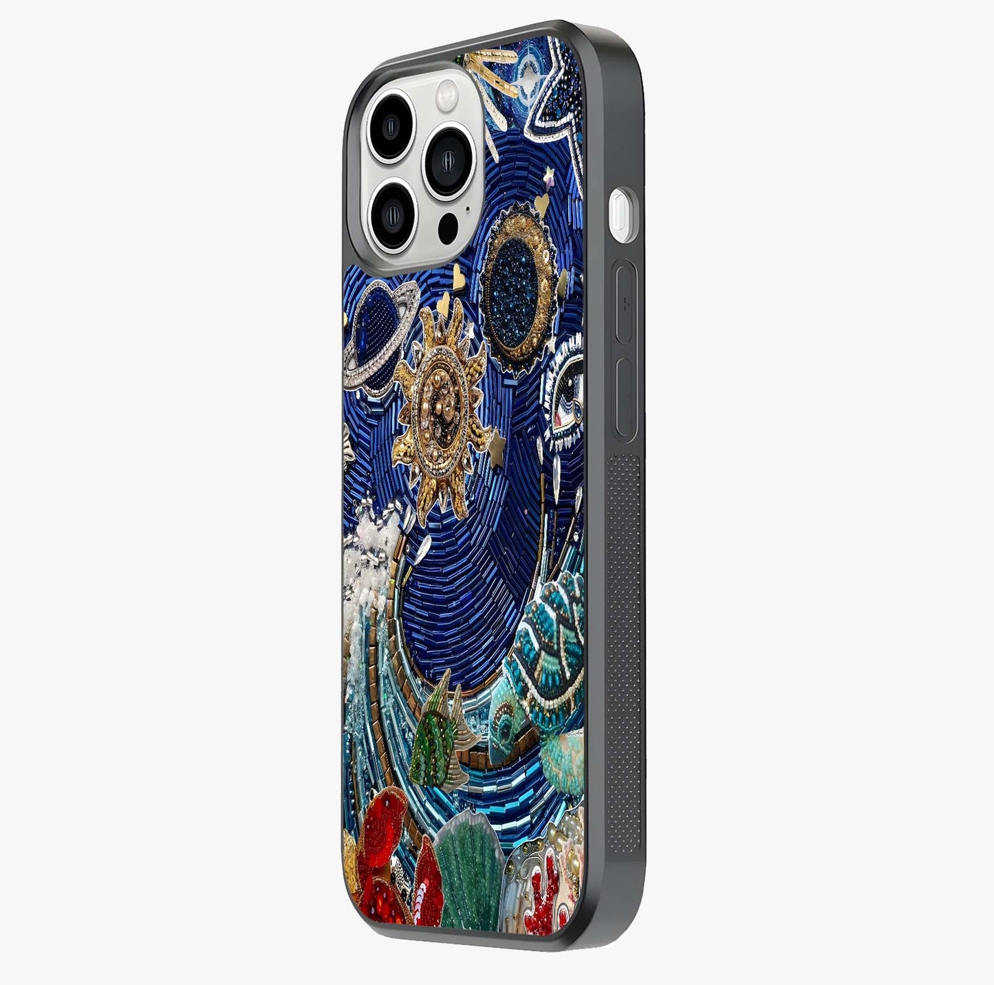 Universe Underwater Spark Glass Case photographed in natural light showing reflective finish and design depth.