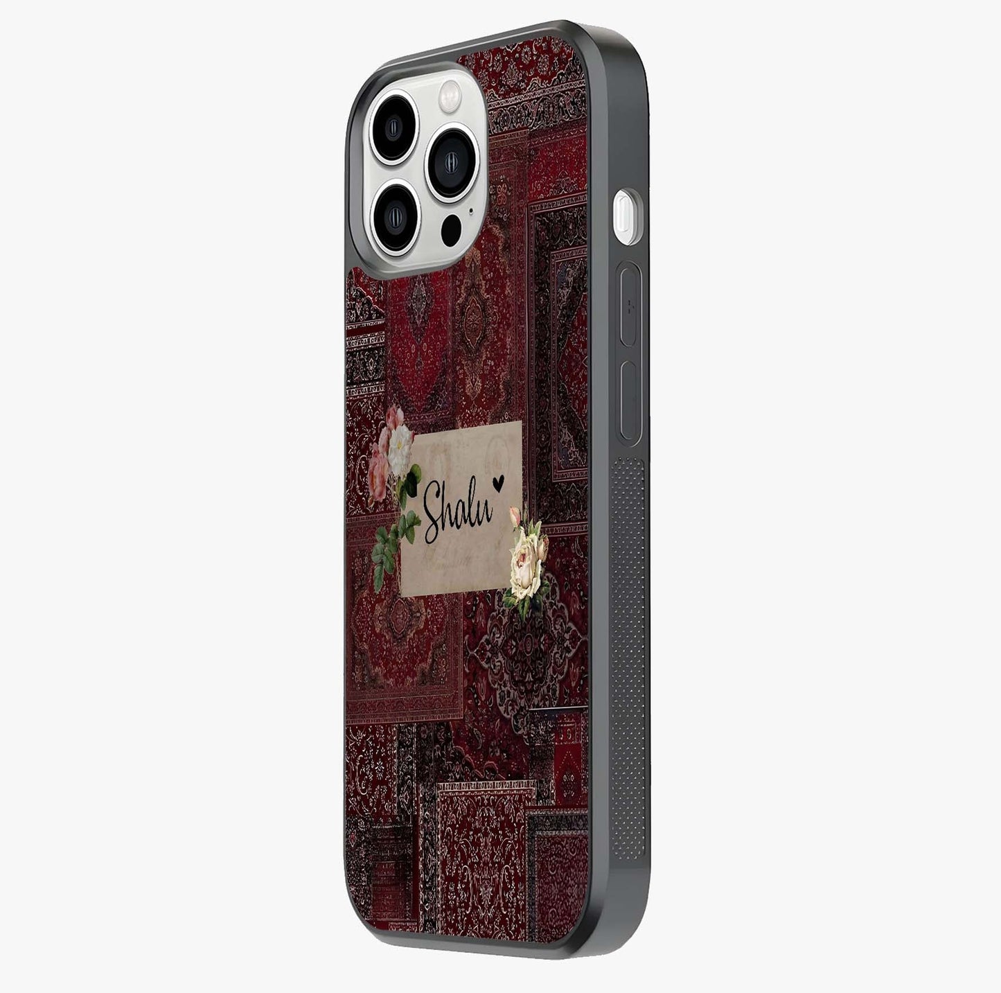 Velvet Wine Pattern Custom Name Glass Case photographed in natural light showing reflective finish and design depth.