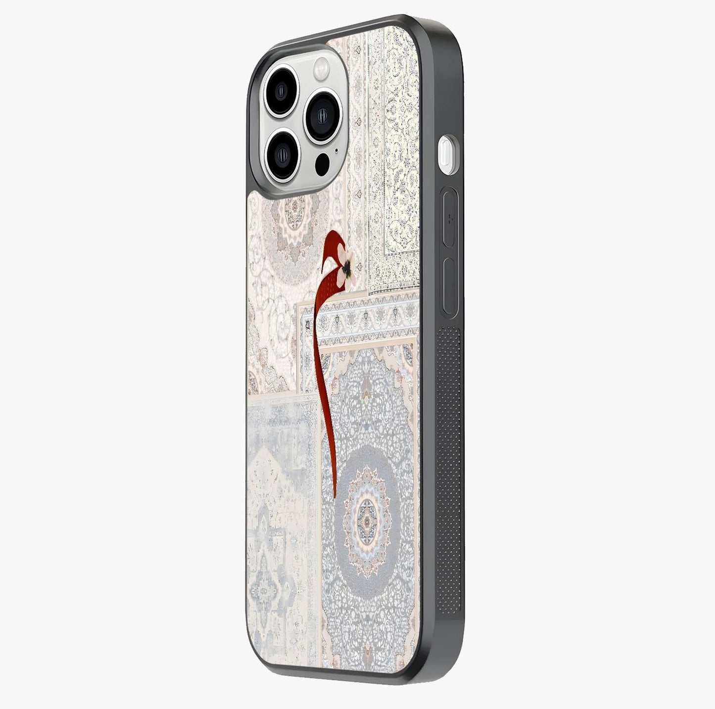 White Aesthetic Bow Glass Case photographed in natural light showing reflective finish and design depth.