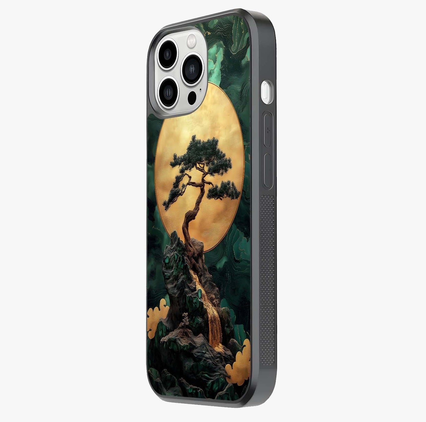 Zen Moon Rise Glass Case photographed in natural light showing reflective finish and design depth