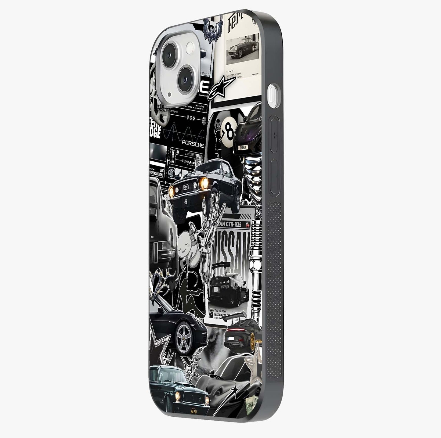 Aesthetic Dark Love Glass Case photographed in natural light showing reflective finish and design depth.