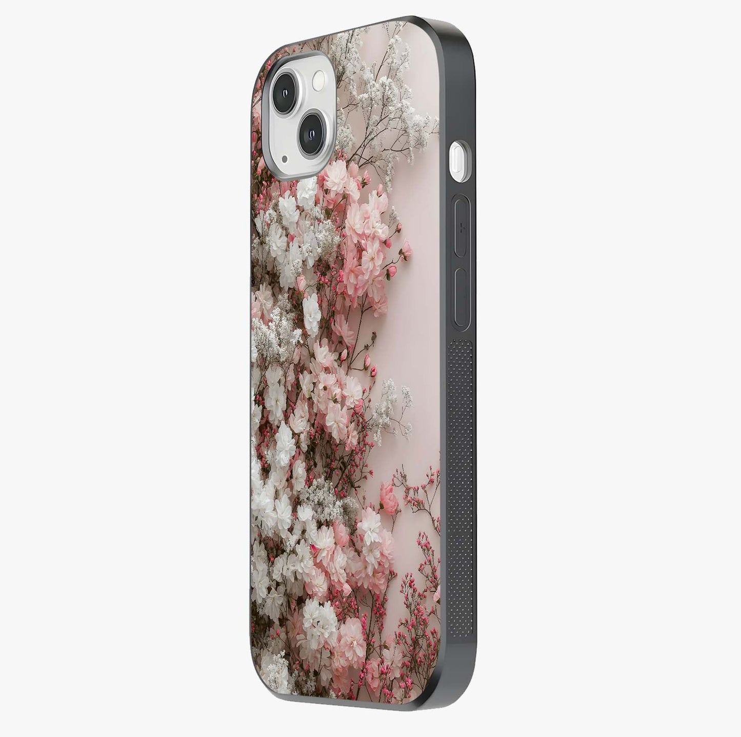 Blush Blossom Cloud Glass Case photographed in natural light showing reflective finish and design depth.