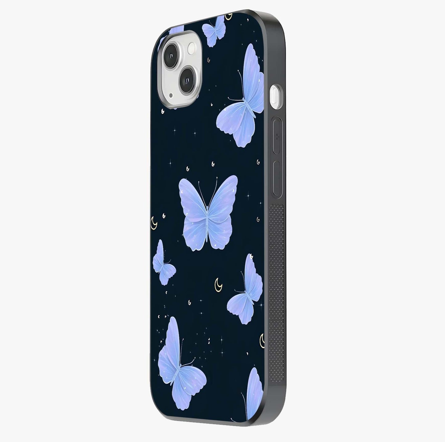 Butterfly With Stars Pattern Glass Case photographed in natural light showing reflective finish and design depth.