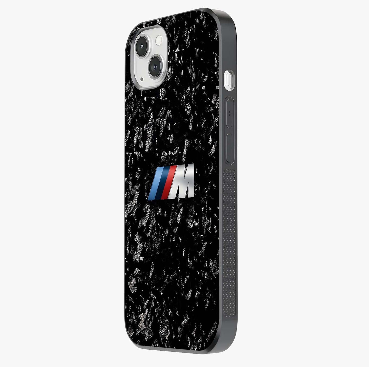 Carbon Speed Mark Glass Case photographed in natural light showing reflective finish and design depth.