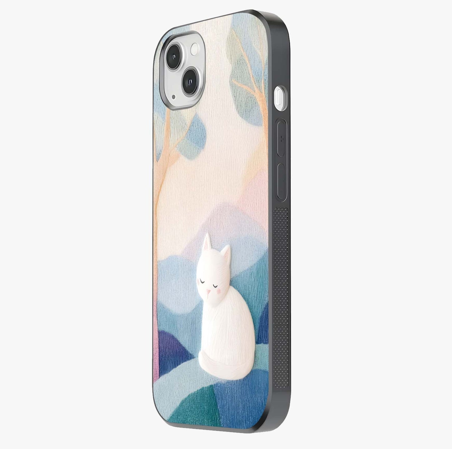 Cotton Dream Cat Glass Case photographed in natural light showing reflective finish and design depth.