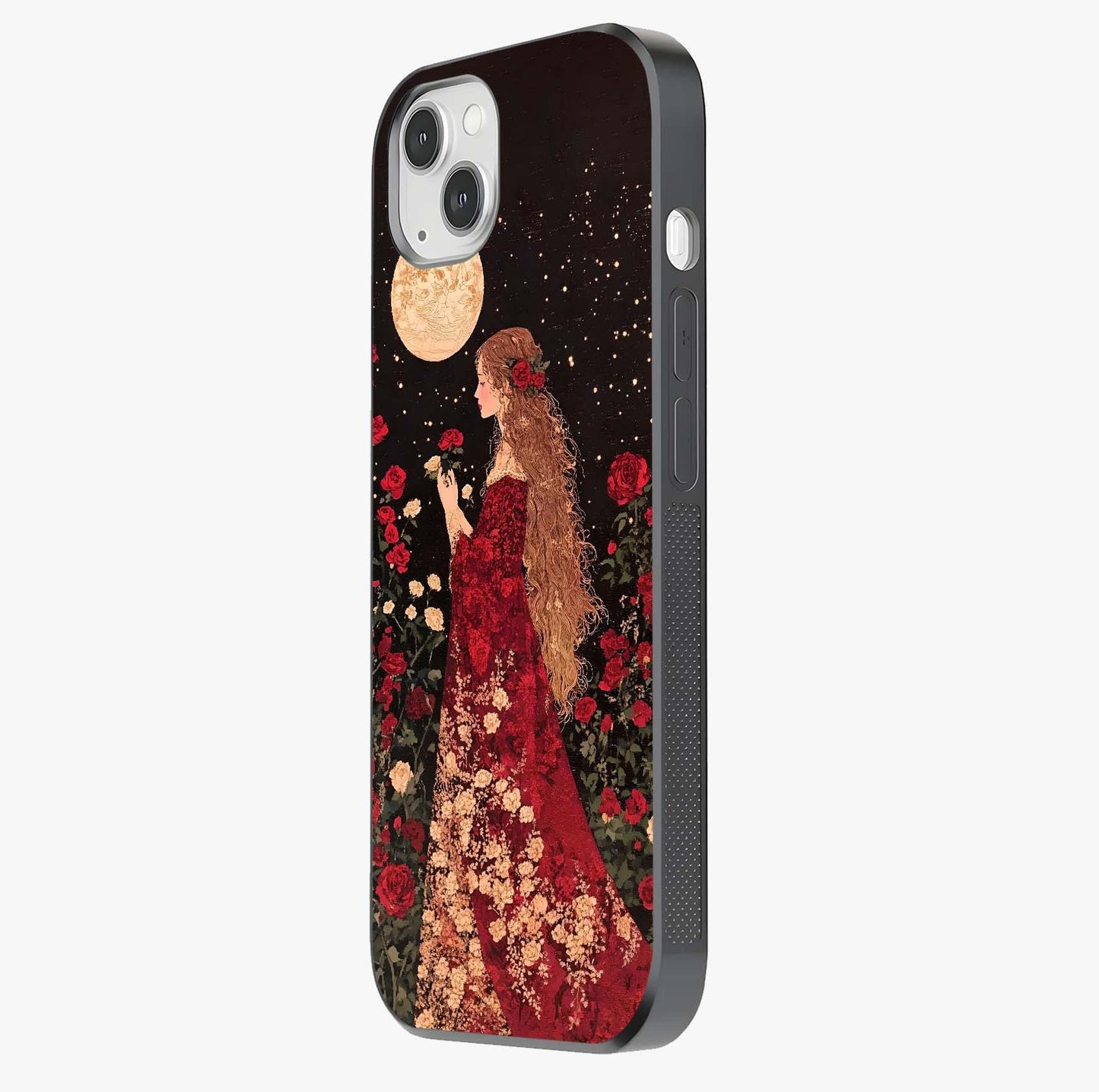 Crimson Dreams Glass Case photographed in natural light showing reflective finish and design depth.