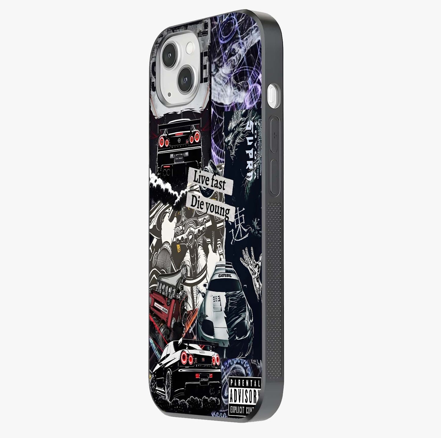 Die Young Glass Case photographed in natural light showing reflective finish and design depth.