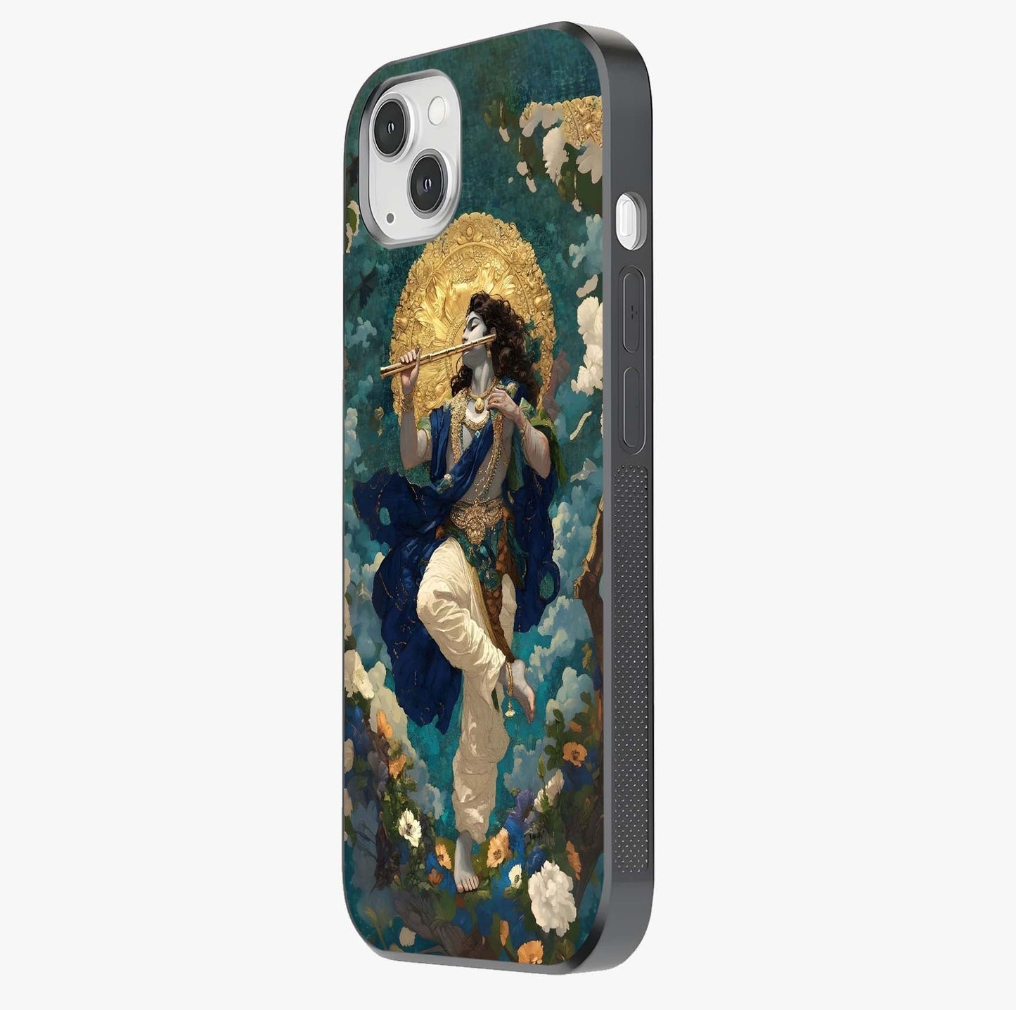Divine Krishna Art Glass Case photographed in natural light showing reflective finish and design depth.