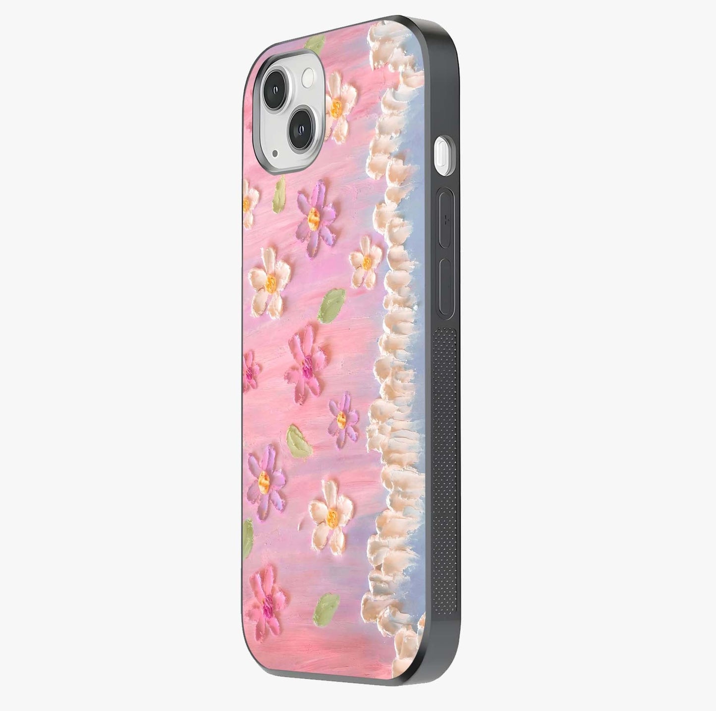 Dreamy Painted Garden Glass Case photographed in natural light showing reflective finish and design depth.
