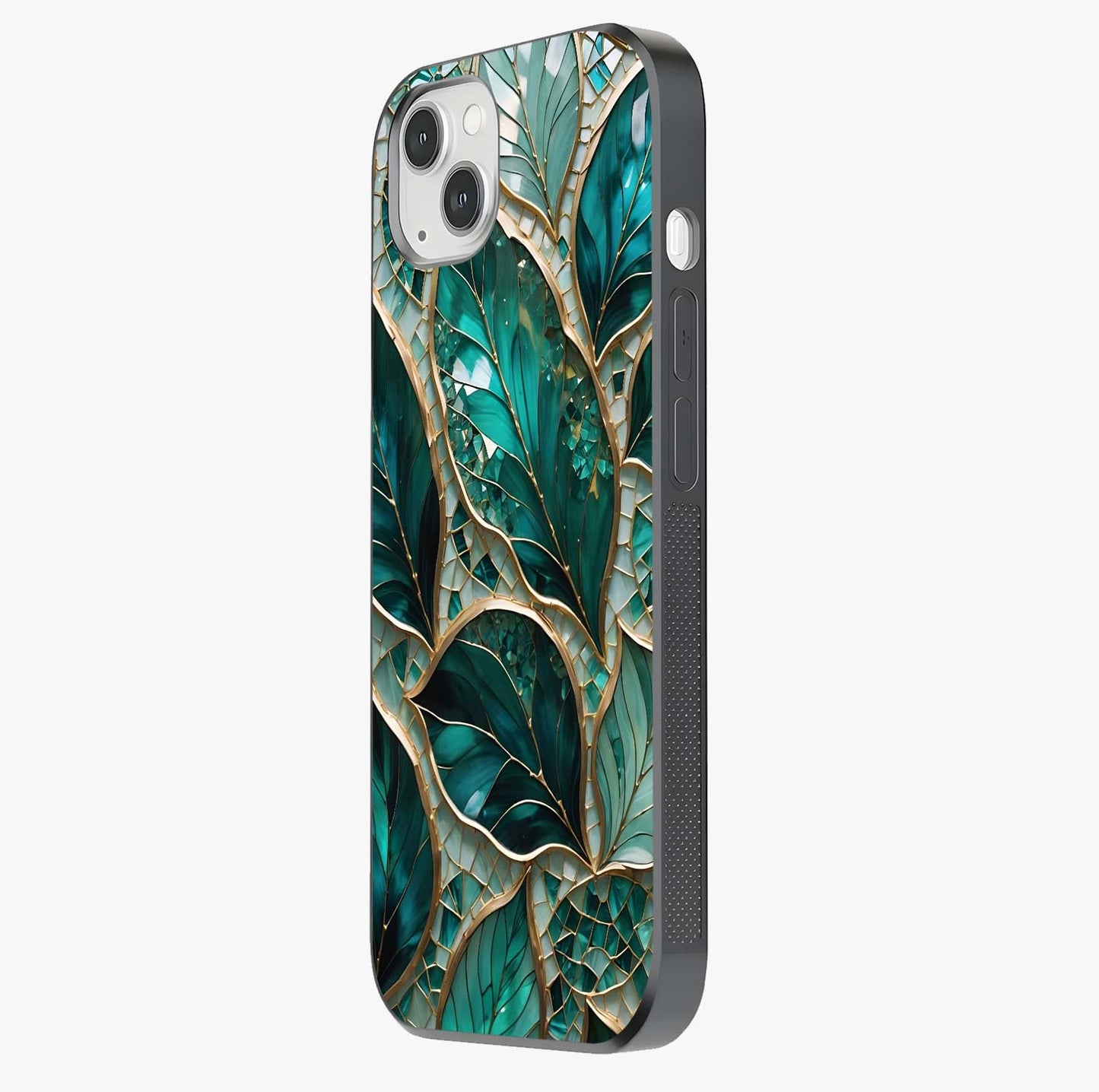 Emerald Leaf Glass Glass Case photographed in natural light showing reflective finish and design depth.