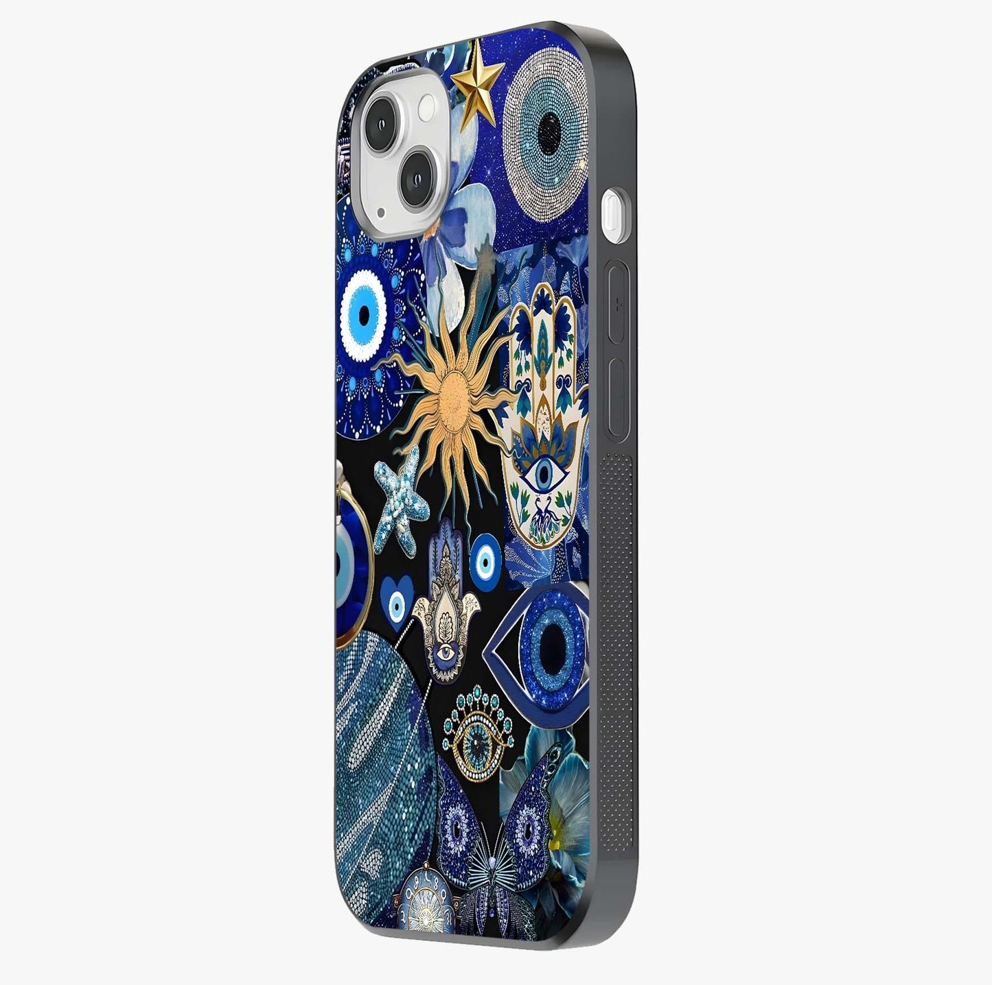 Evil Eye Charm Mix Glass Case photographed in natural light showing reflective finish and design depth.