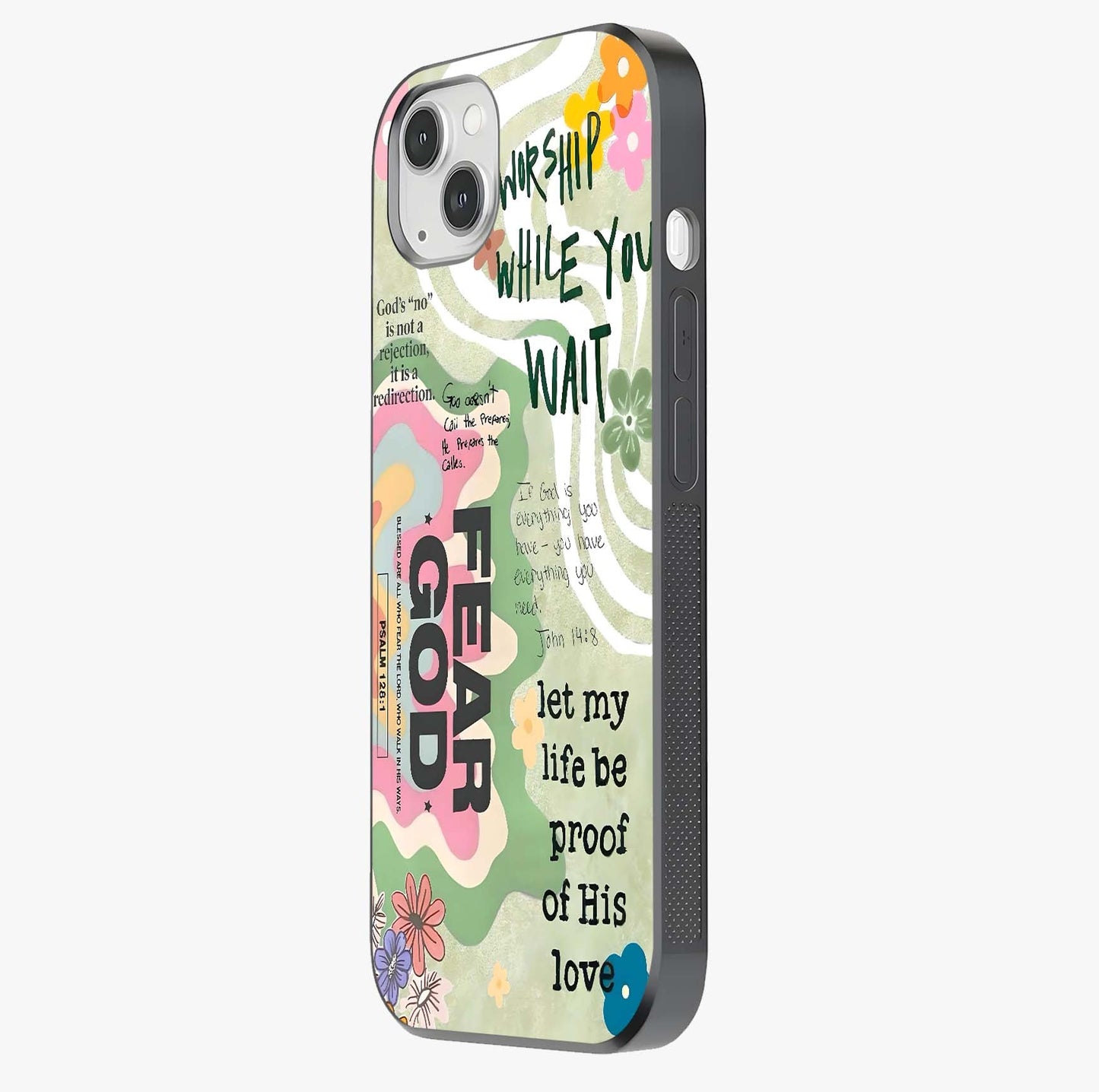 Faith Over Fear Glass Case photographed in natural light showing reflective finish and design depth.