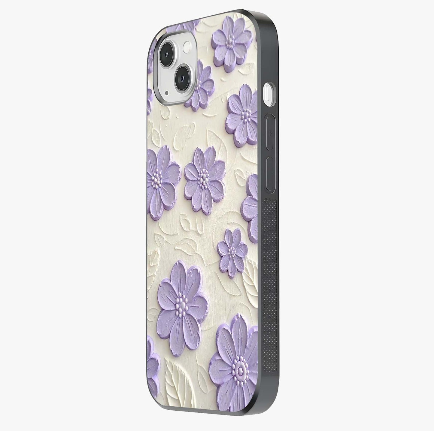 Floral Wall Art With Purple Flowers Glass Case photographed in natural light showing reflective finish and design depth.