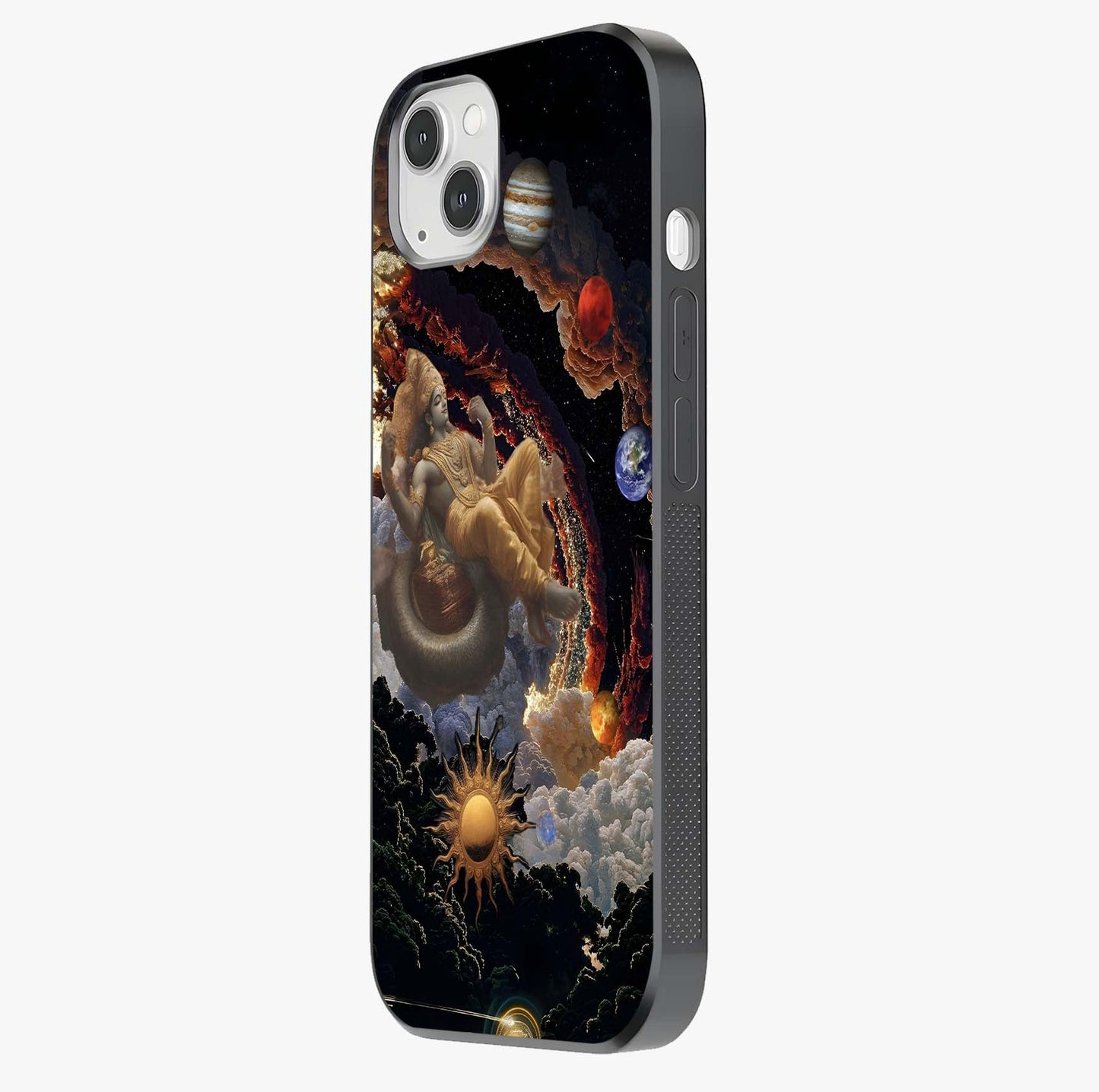 Galactic Divine God Glass Case photographed in natural light showing reflective finish and design depth.