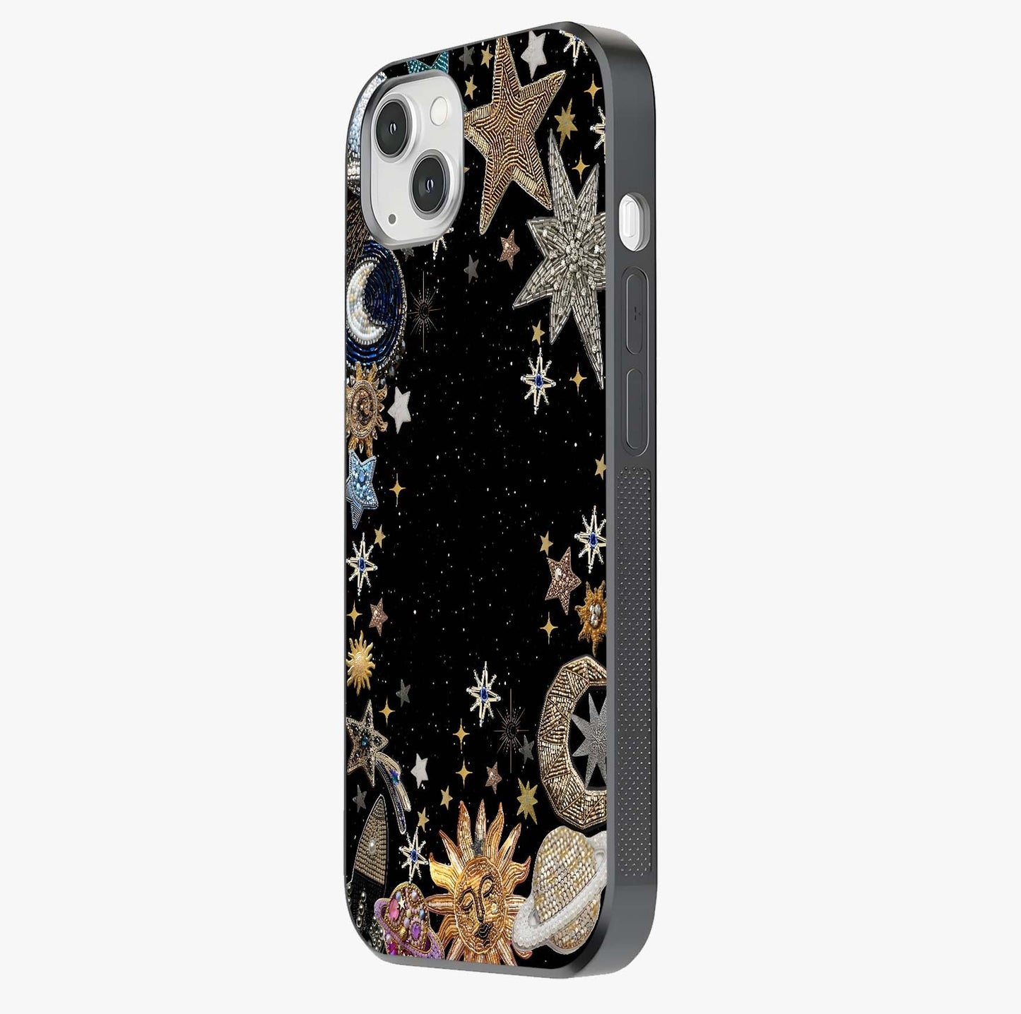 Galactic Jewel Stars Glass Case photographed in natural light showing reflective finish and design depth.