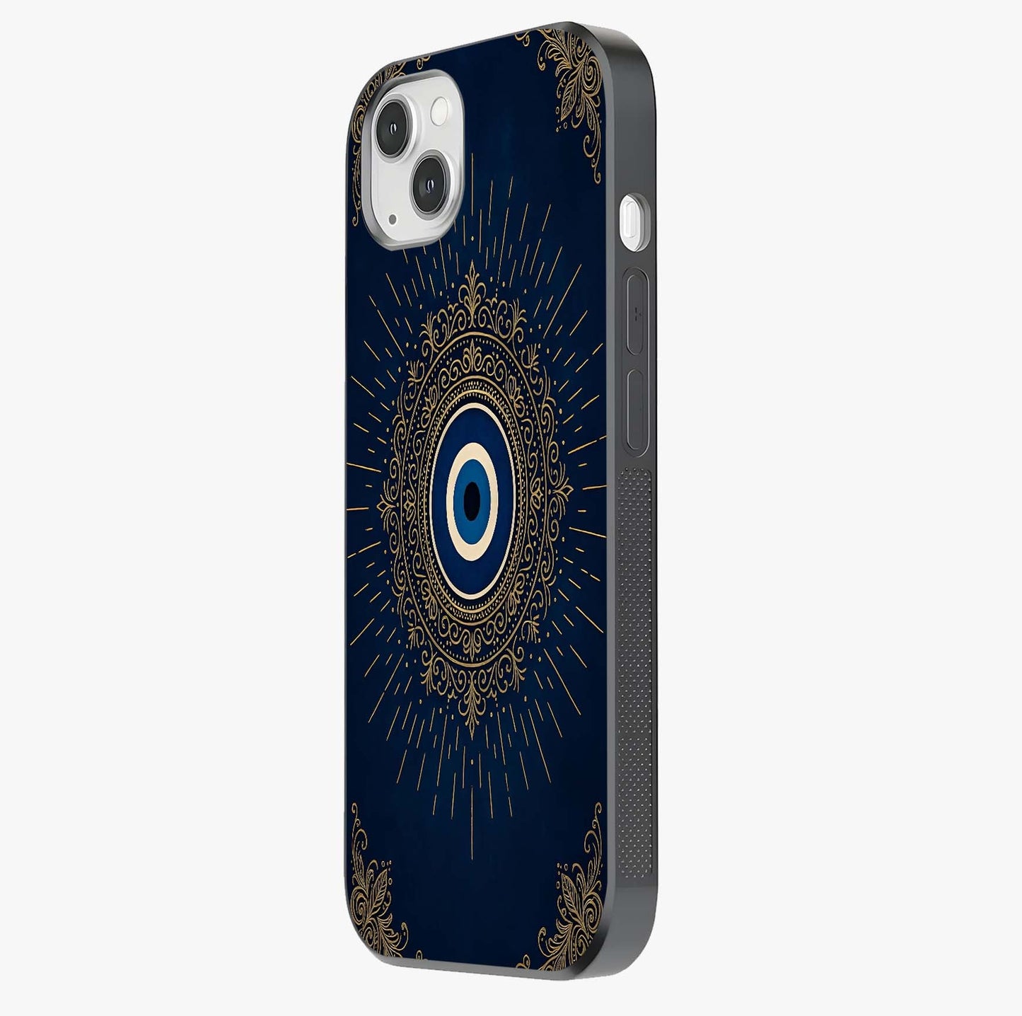 Golden Evil Eye Mandala Glass Case photographed in natural light showing reflective finish and design depth.