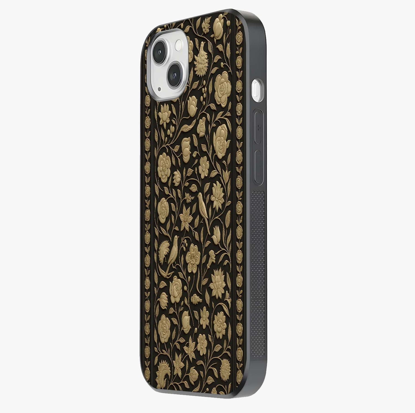 Golden Floral Majesty Glass Case photographed in natural light showing reflective finish and design depth.