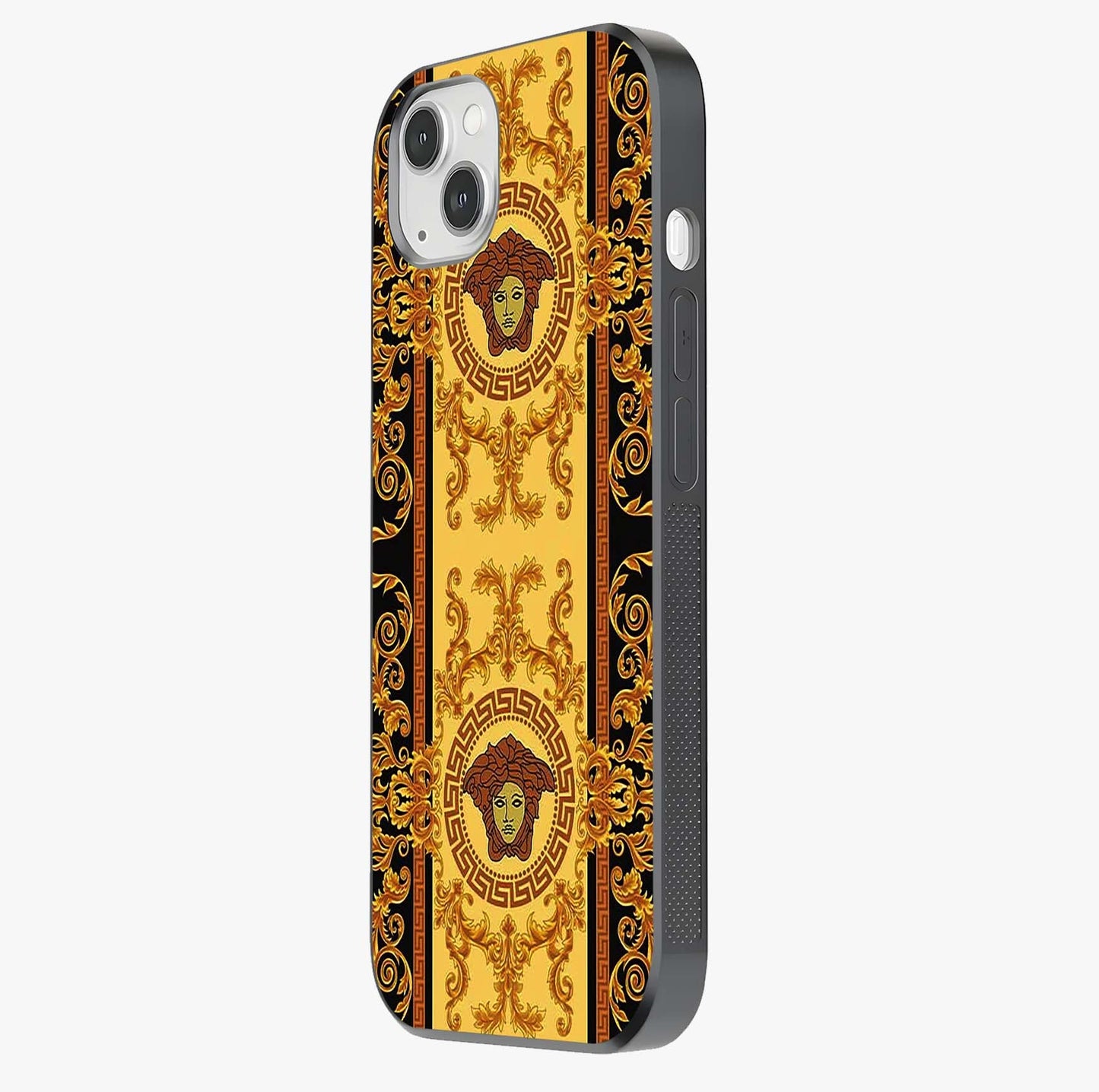 Golden Royal Heritage Glass Case photographed in natural light showing reflective finish and design depth.