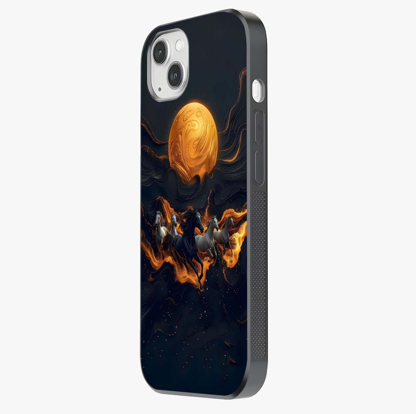 Golden Stallion Moonride Glass Case photographed in natural light showing reflective finish and design depth.
