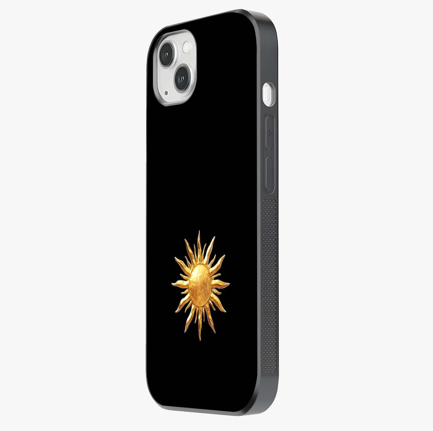 Golden Sun Minimalism Glass Case photographed in natural light showing reflective finish and design depth.