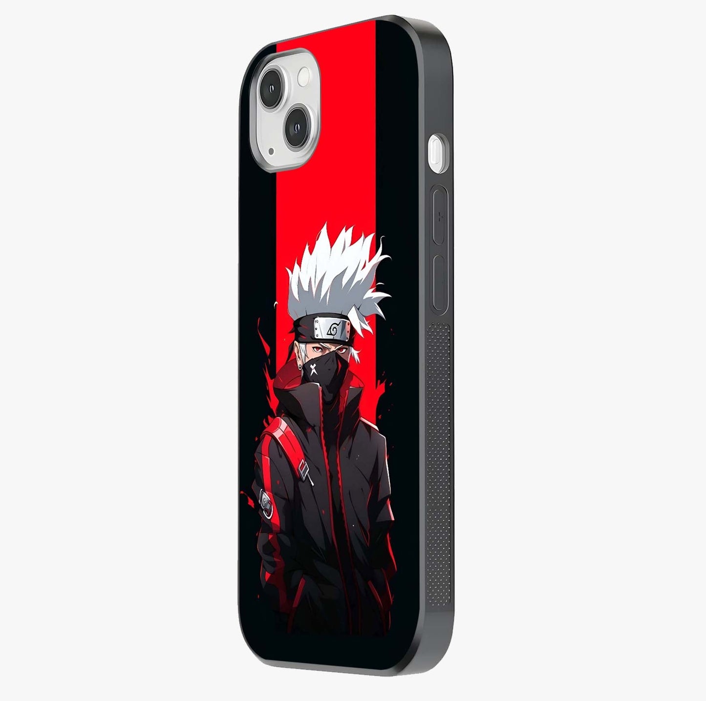 Kakashi Scarlet Shadow Glass Case photographed in natural light showing reflective finish and design depth.