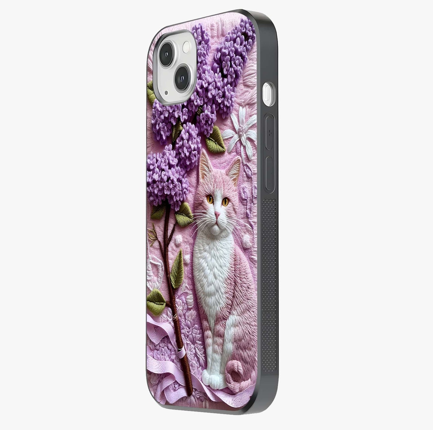 Lavender Cat Whimsy Glass Case photographed in natural light showing reflective finish and design depth.