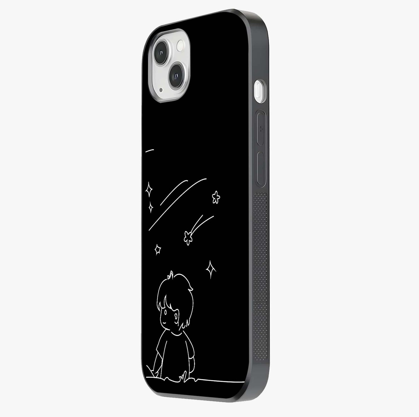 Line Art Boy With Shooting Stars Glass Case photographed in natural light showing reflective finish and design depth.