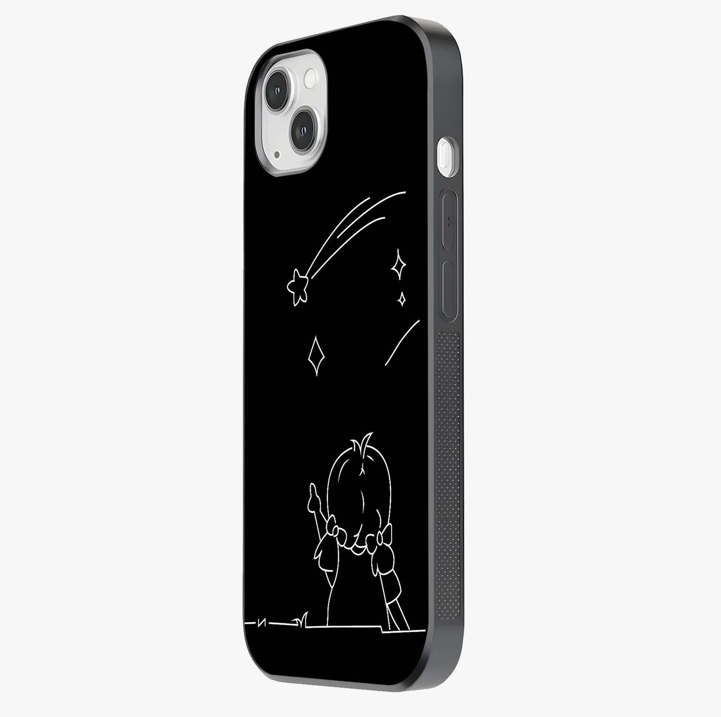 Line Art Girl With Shooting Stars Glass Case photographed in natural light showing reflective finish and design depth.