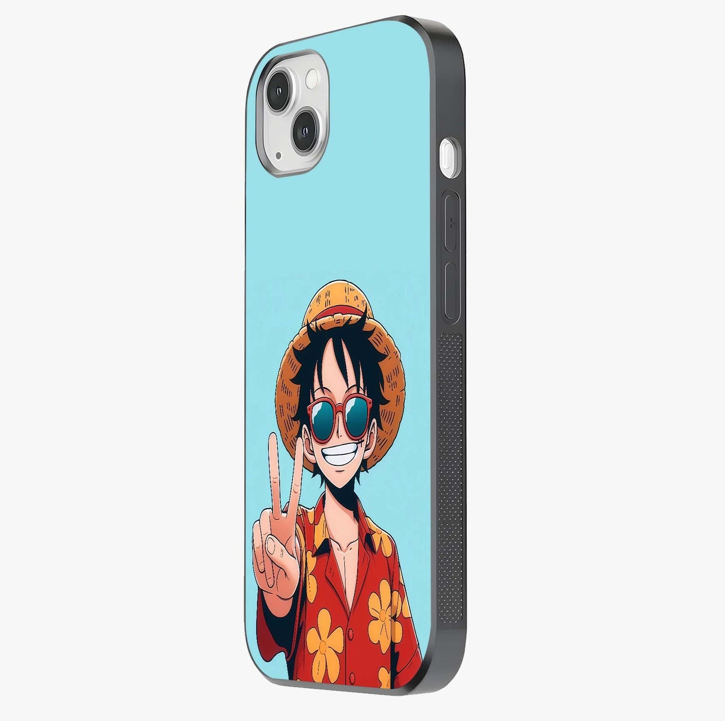Luffy Summer Anime Vibe Glass Case photographed in natural light showing reflective finish and design depth.