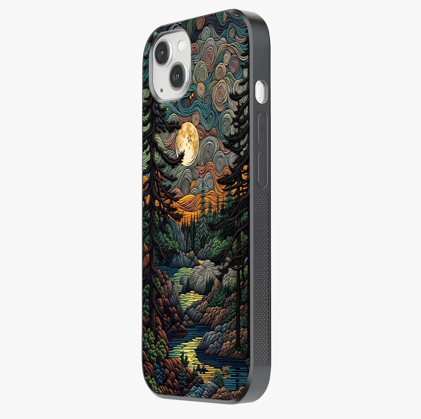 Moonlight Forest Dream Glass Case photographed in natural light showing reflective finish and design depth.