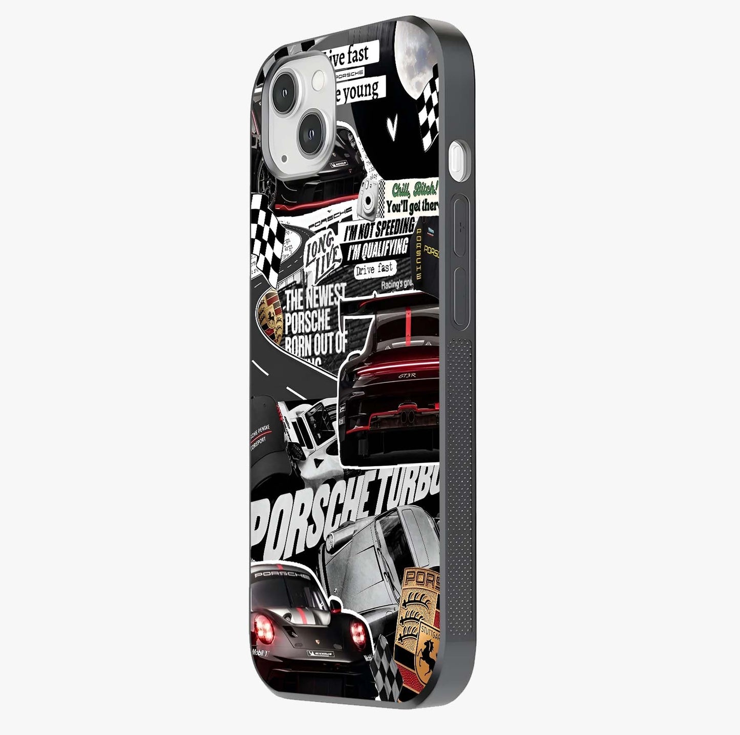 Porsche Racing Collage Glass Case photographed in natural light showing reflective finish and design depth.