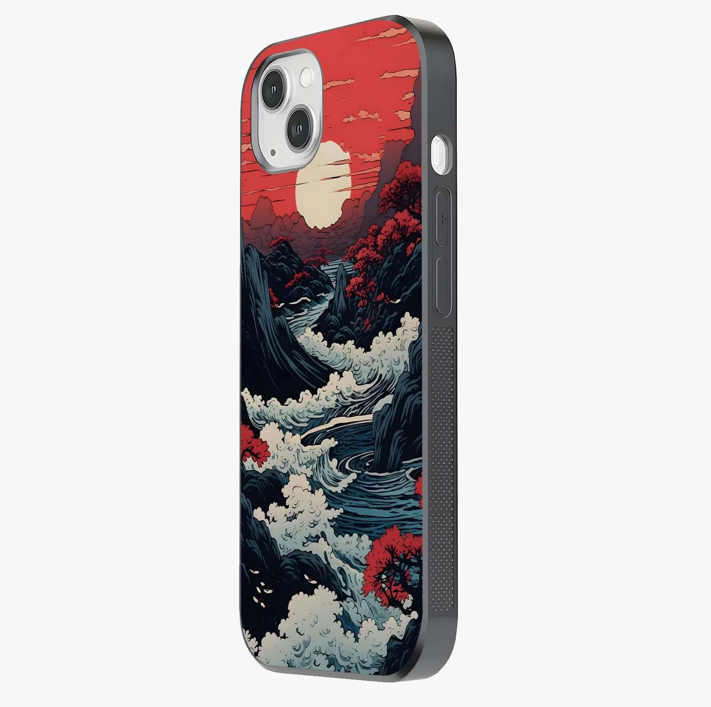 Red Sunset Scenery Glass Case photographed in natural light showing reflective finish and design depth.