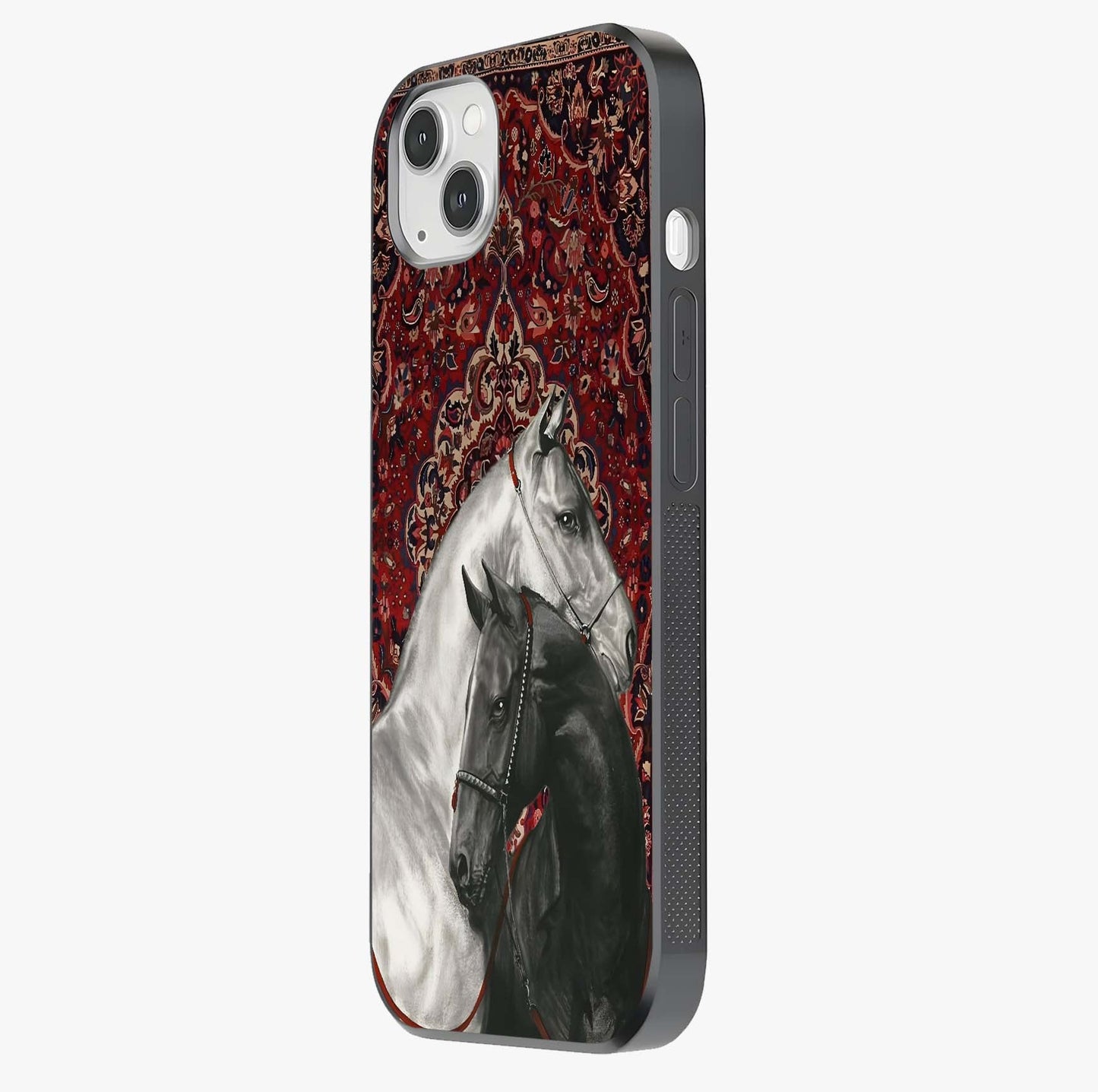Regal Stallion Tapestry Glass Case photographed in natural light showing reflective finish and design depth.