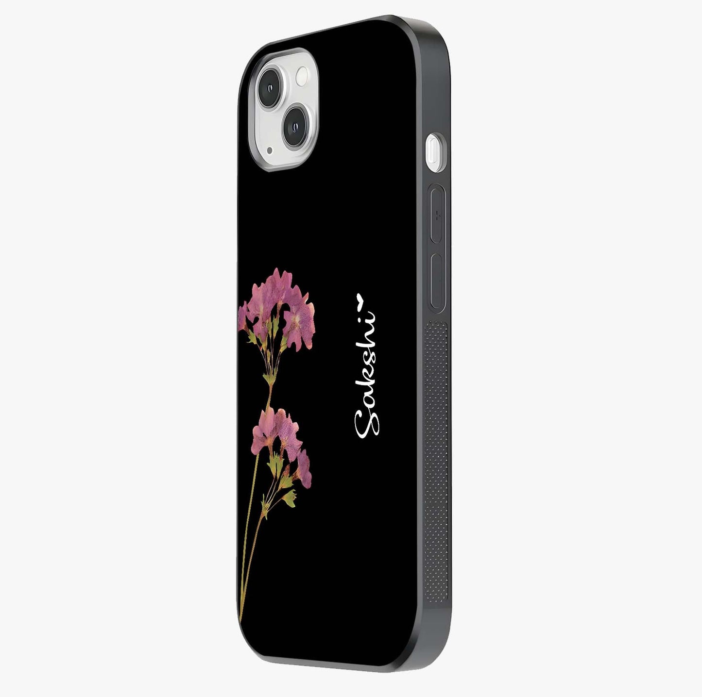 Riching Lavender Flower Custom Name Glass Case photographed in natural light showing reflective finish and design depth.