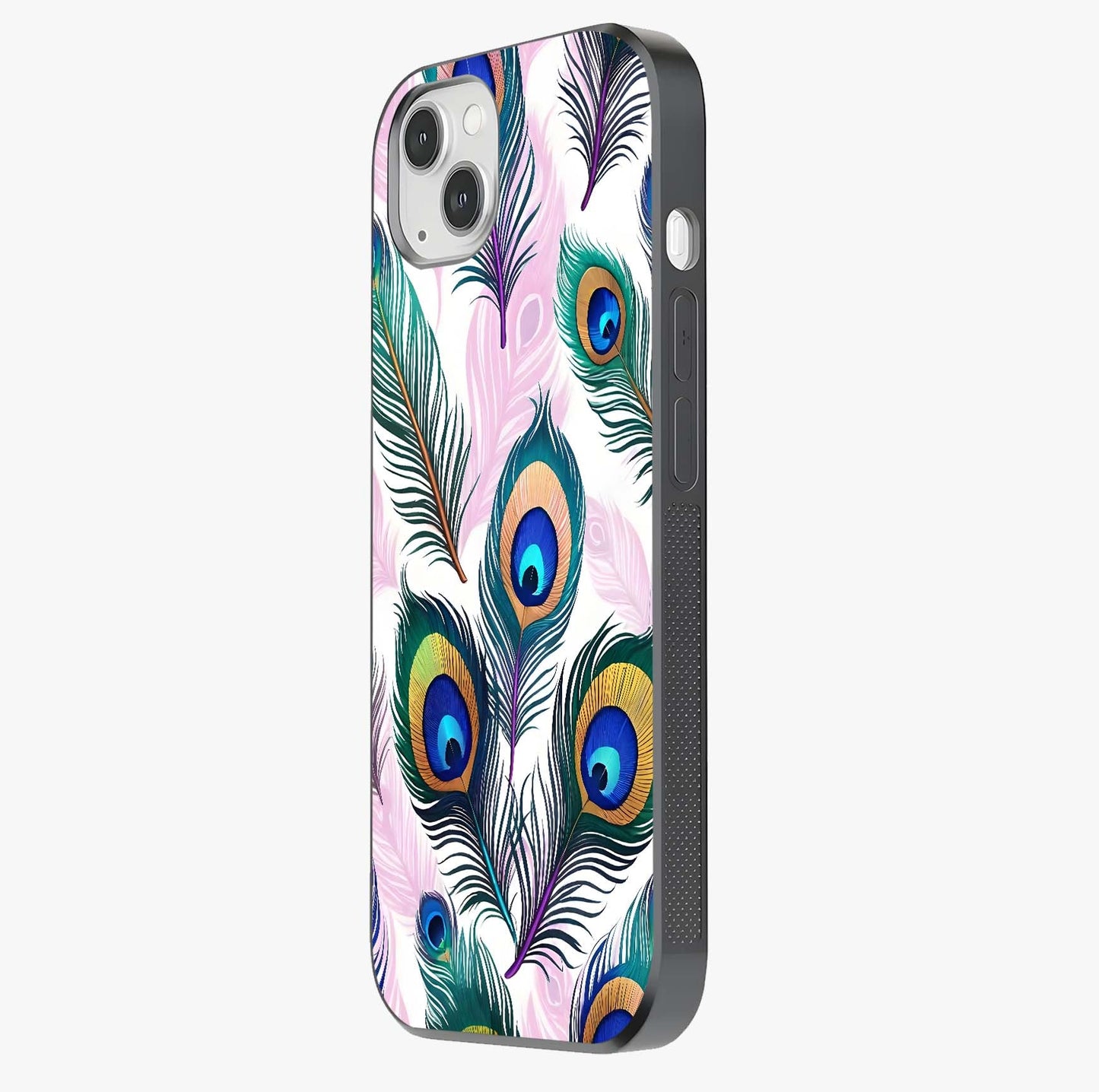 Royal Peacock Feathers Glass Case photographed in natural light showing reflective finish and design depth.