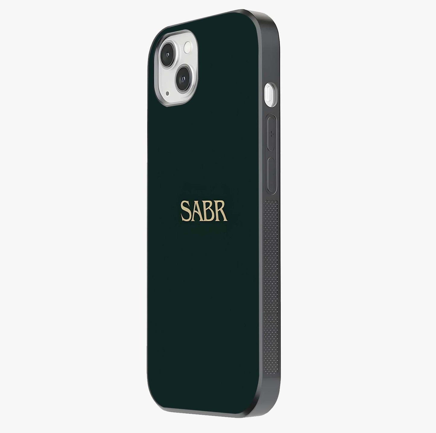 Sabr Minimal Patience Glass Case photographed in natural light showing reflective finish and design depth.
