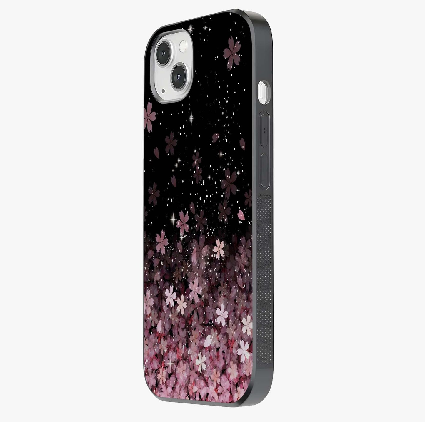 Small Starry Flowers Glass Case photographed in natural light showing reflective finish and design depth.