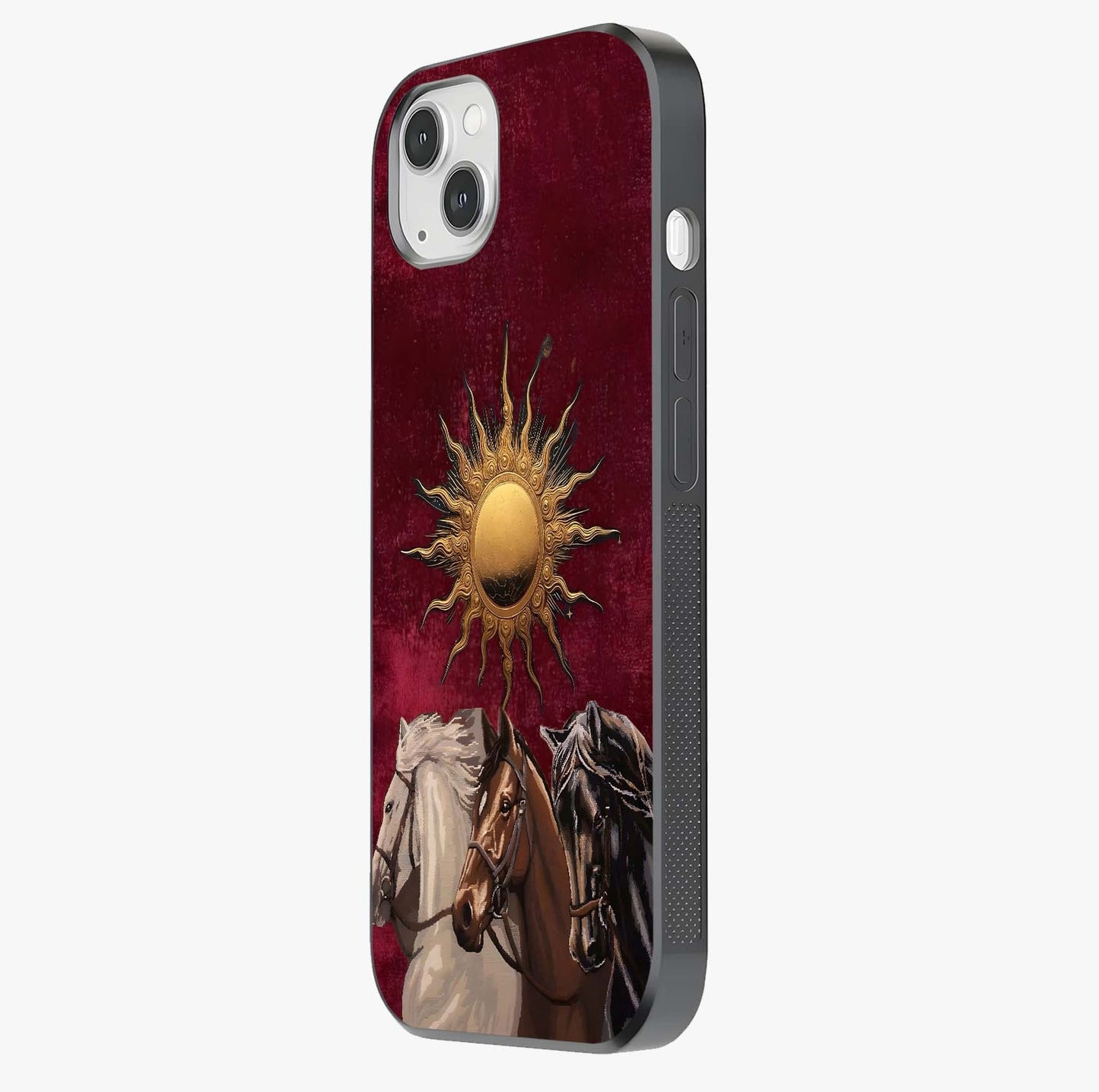 Solar Riders Glass Case photographed in natural light showing reflective finish and design depth.