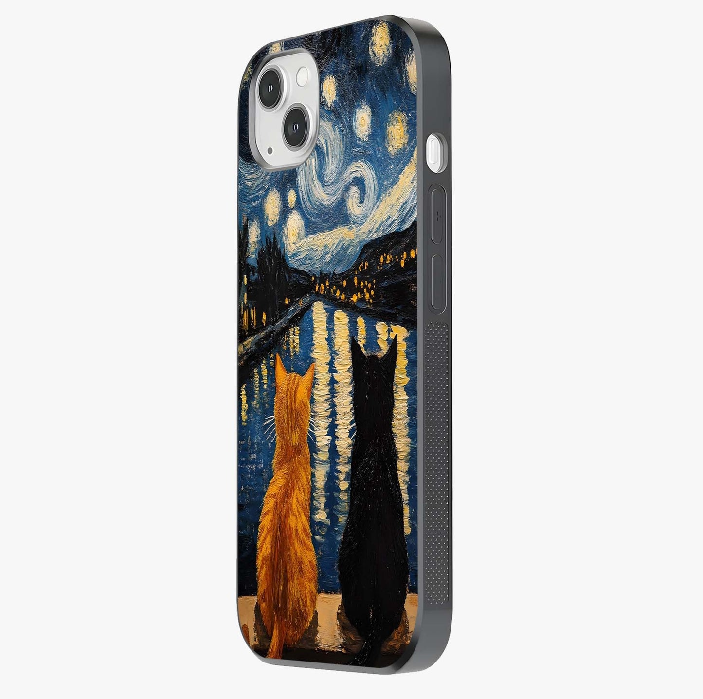 Starry River Cats Glass Case photographed in natural light showing reflective finish and design depth.