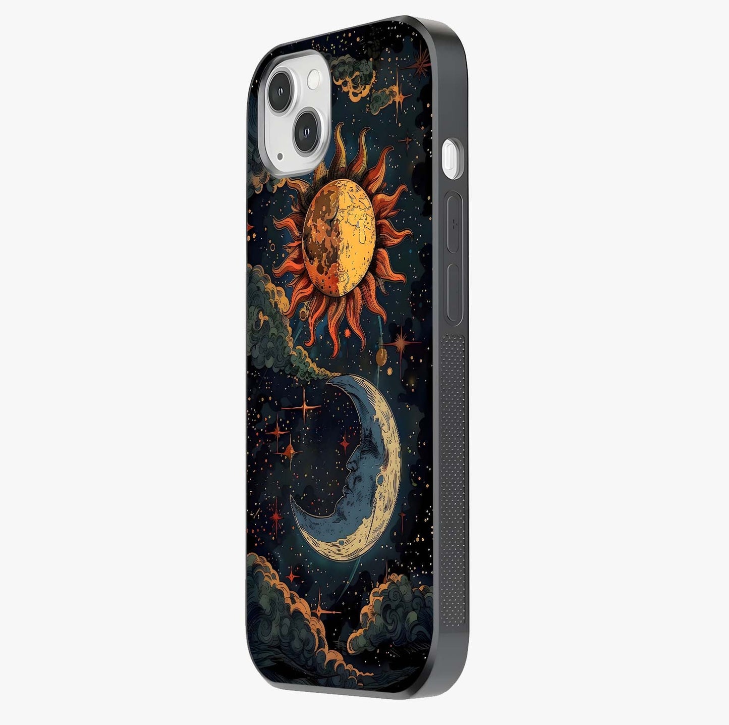 Sun And Moon Magic Design Glass Case photographed in natural light showing reflective finish and design depth.
