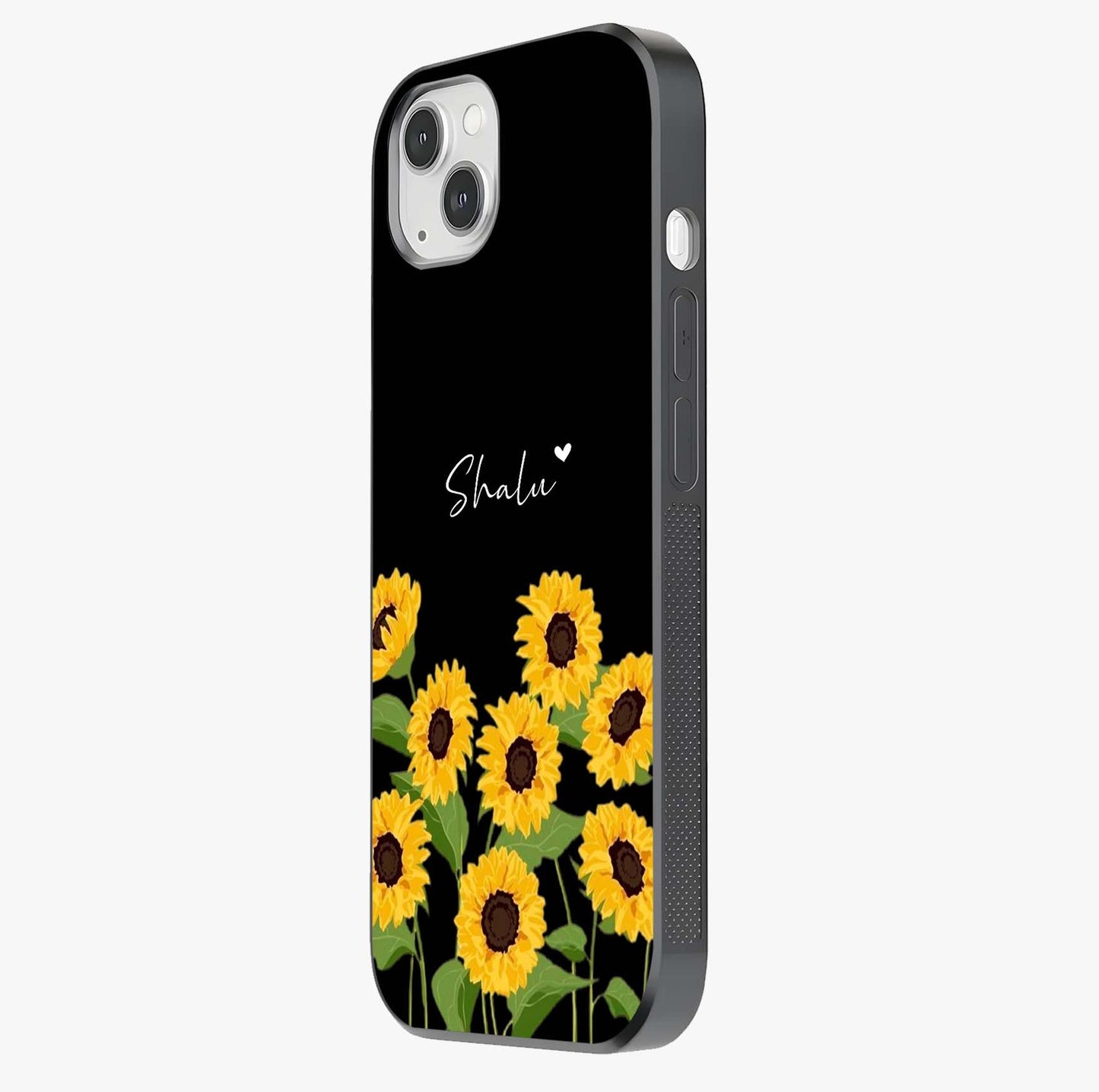 Sunflower Chic Mood Custom Name Glass Case photographed in natural light showing reflective finish and design depth.