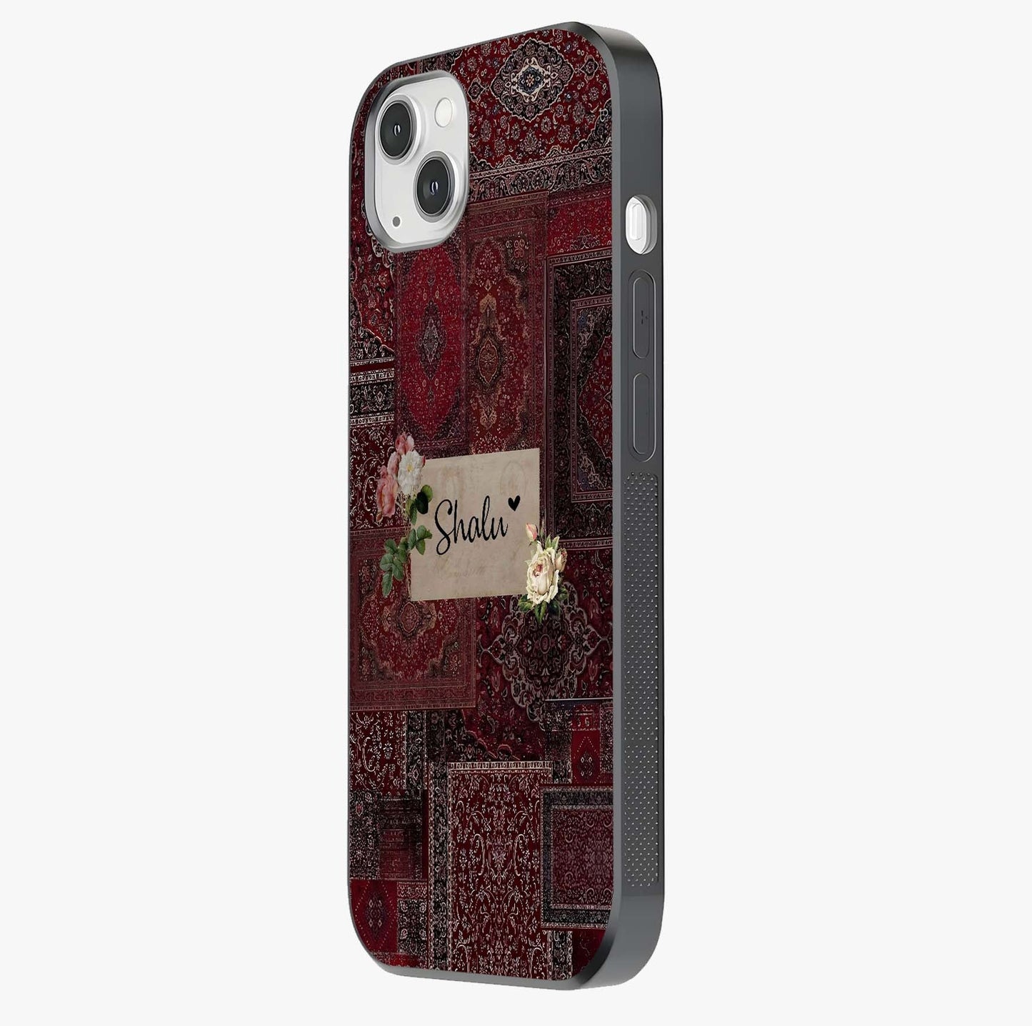 Velvet Wine Pattern Custom Name Glass Case photographed in natural light showing reflective finish and design depth.