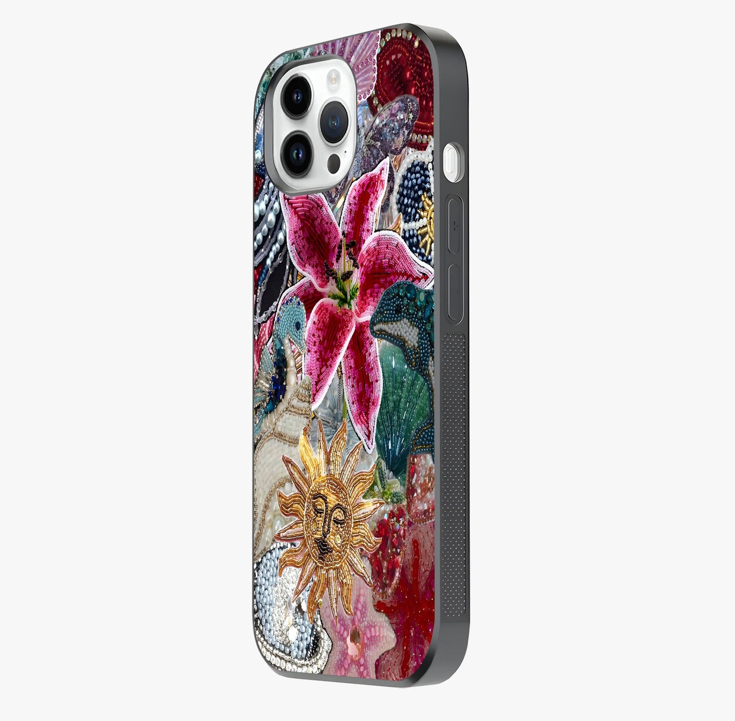Beaded Garden Fantasy Glass Case photographed in natural light showing reflective finish and design depth.