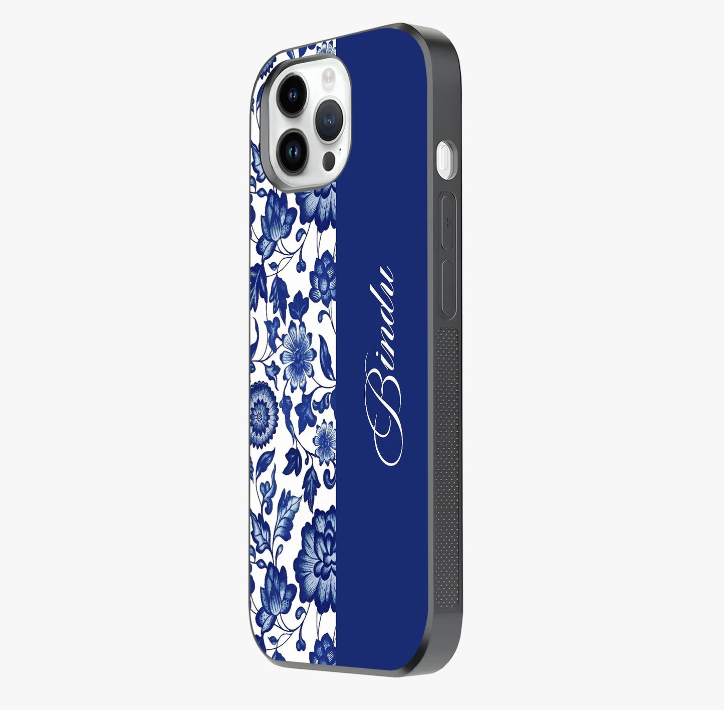 Blue Vintage Floral Pattern Glass Case photographed in natural light showing reflective finish and design depth.