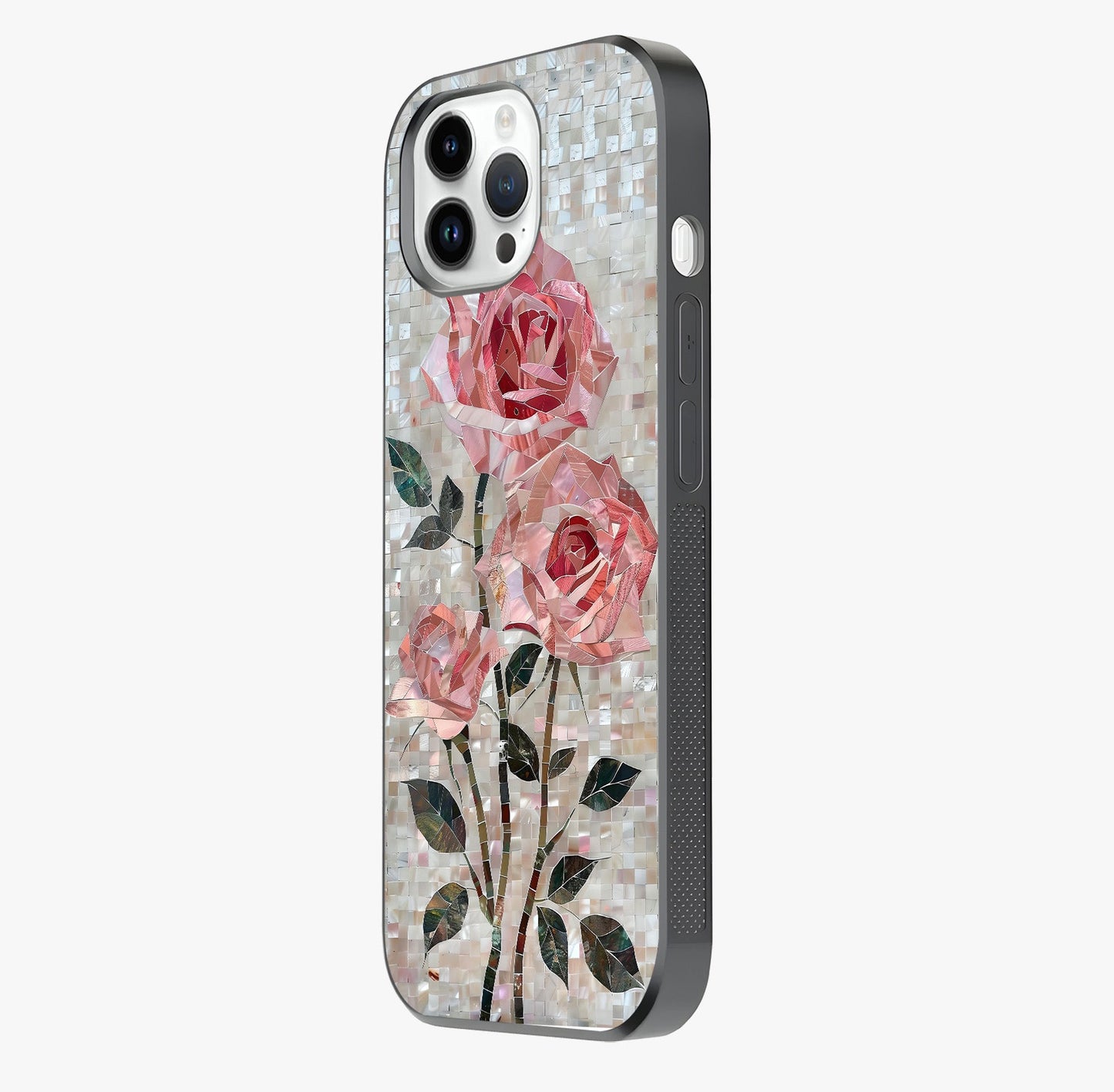 Blush Mosaic Bloom Glass Case photographed in natural light showing reflective finish and design depth.