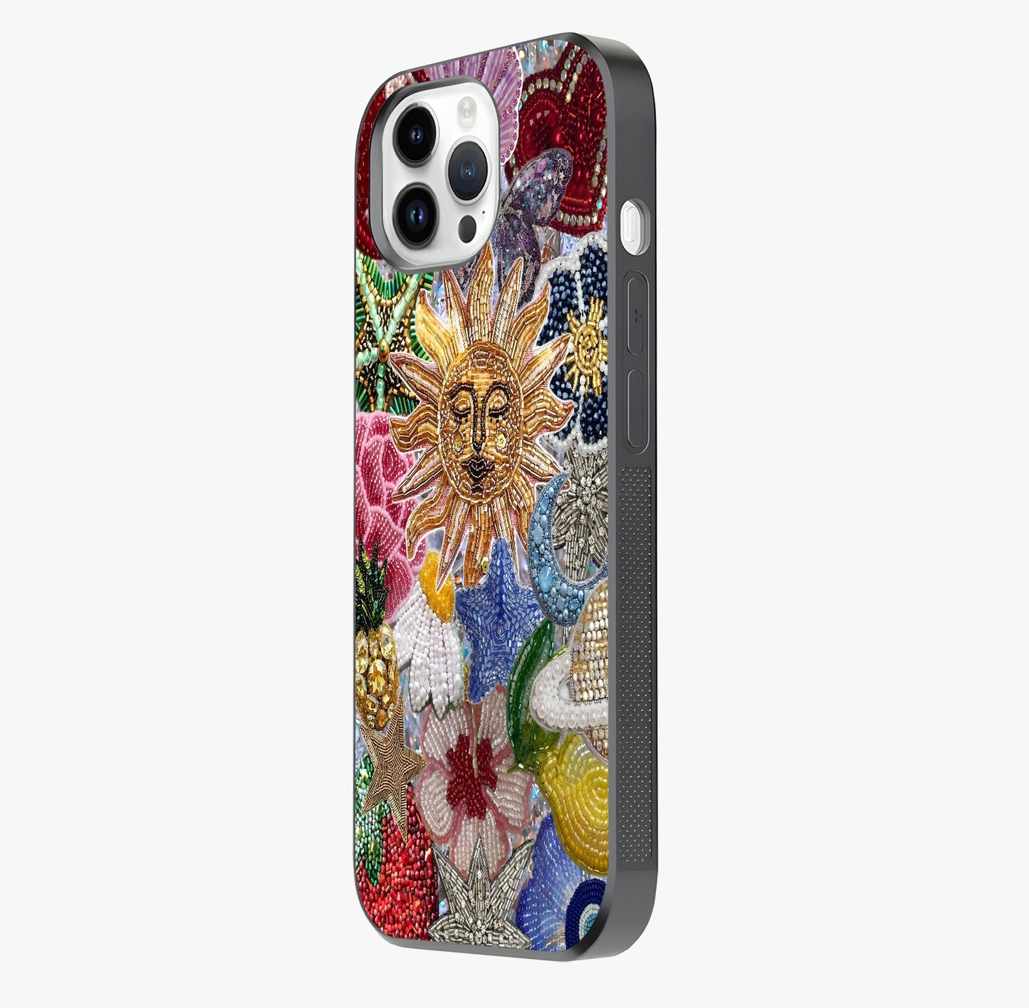 Celestial Floral And Playful Glass Case photographed in natural light showing reflective finish and design depth.