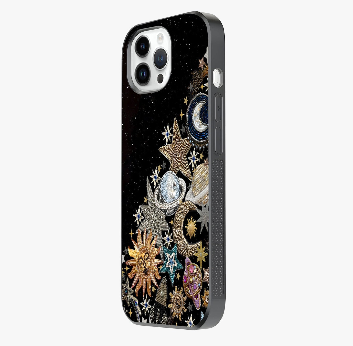 Cosmic Sparkle Dreams Glass Case photographed in natural light showing reflective finish and design depth.