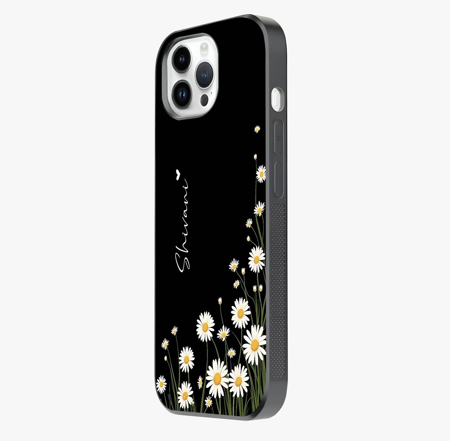 Daisy Cascade Custom Name Glass Case photographed in natural light showing reflective finish and design depth.