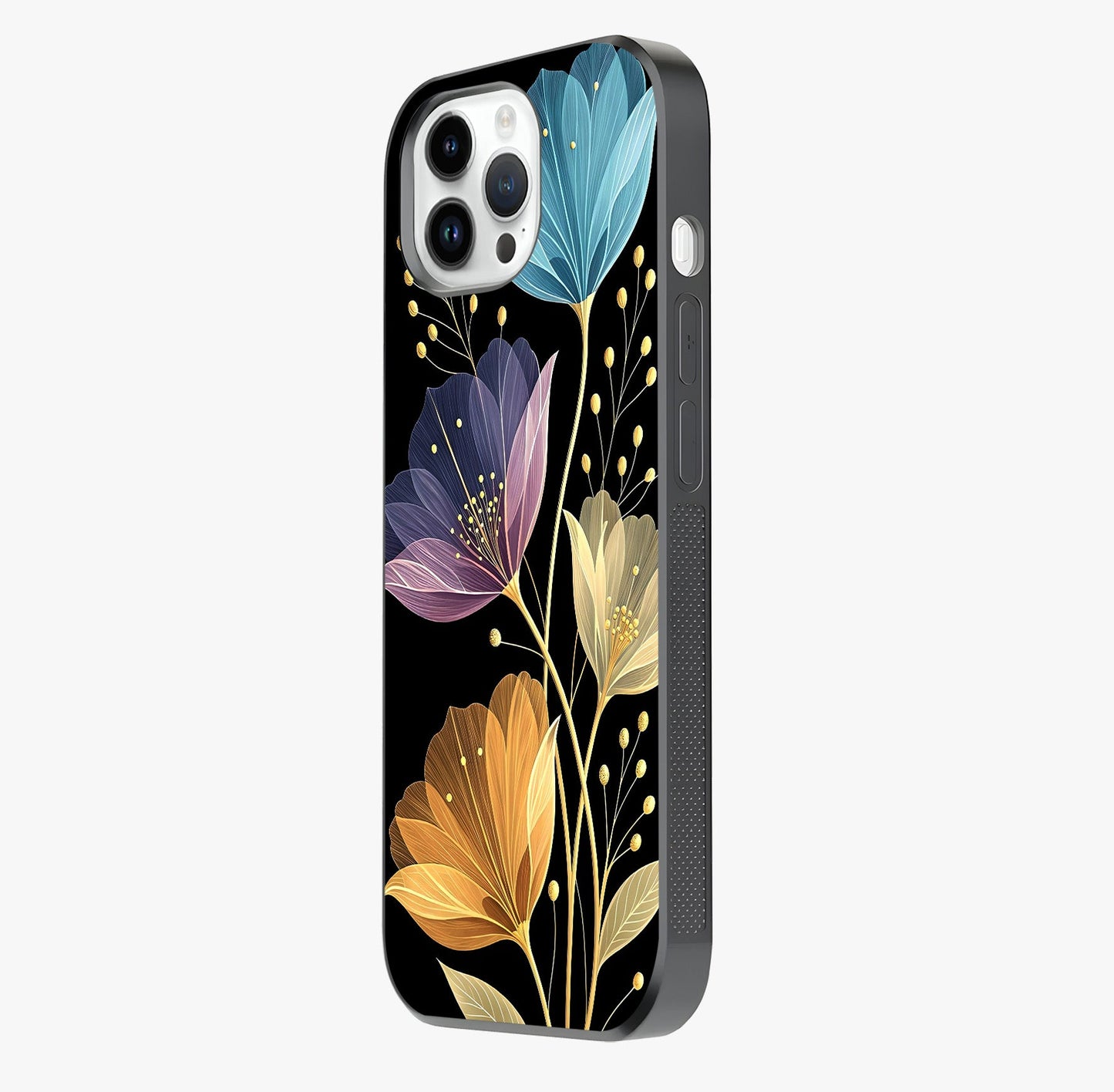 Delicate Multicolor Flowers Glass Case photographed in natural light showing reflective finish and design depth.
