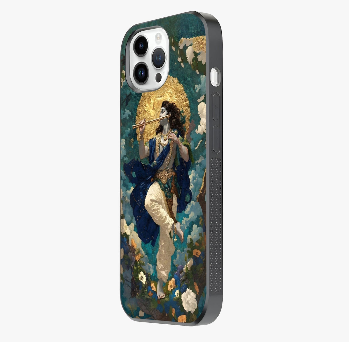 Divine Krishna Art Glass Case photographed in natural light showing reflective finish and design depth.